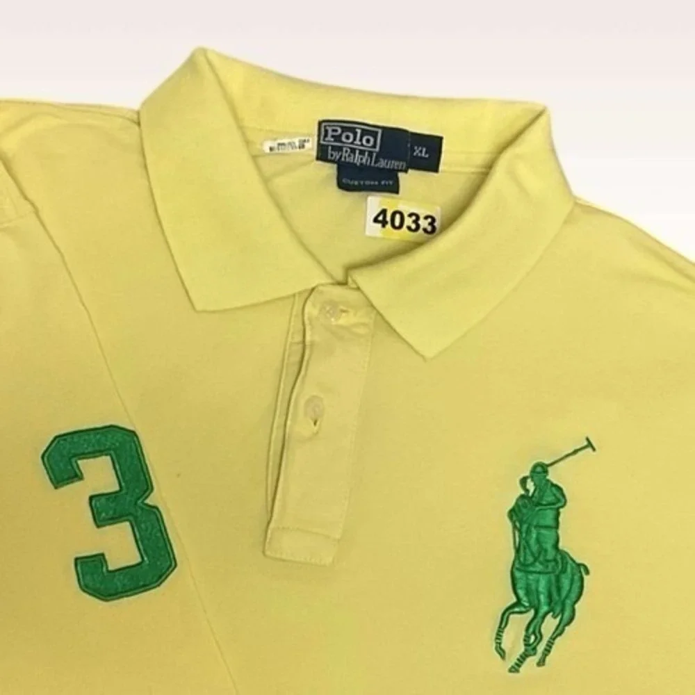 Polo Ralph Lauren Custom Fit Yellow Big Pony Long Slv. Polo Shirt Men XL Cotton